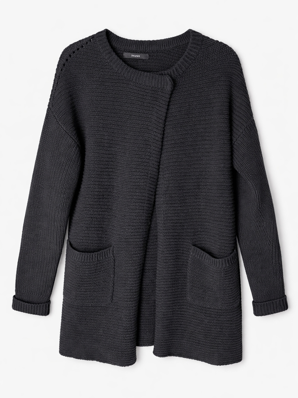 Tahari Extra Fine Merino Wool Cardigan Open Front Black Minimalist
